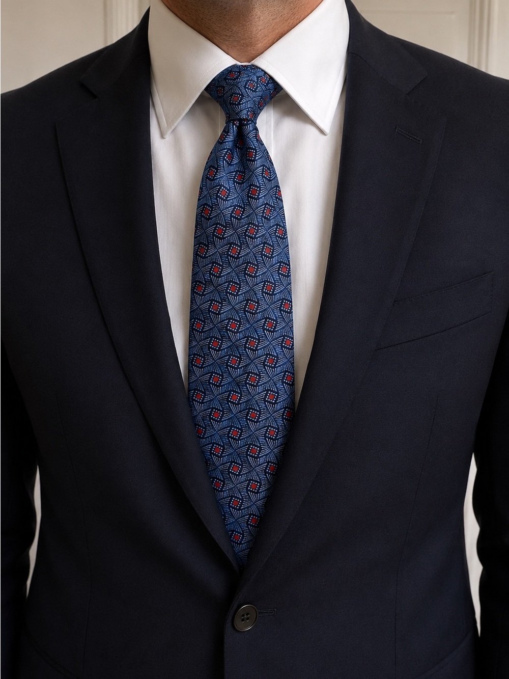 Fabergé 100% Silk Handmade USA Blue Red Geometric Designer Men’s Tie
